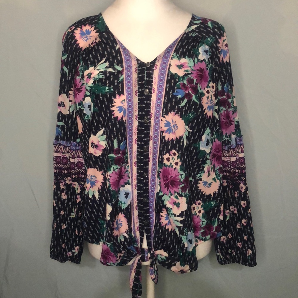Style & Co 100% Nylon Long Sleeve Floral Blouse Top Size Petite Large